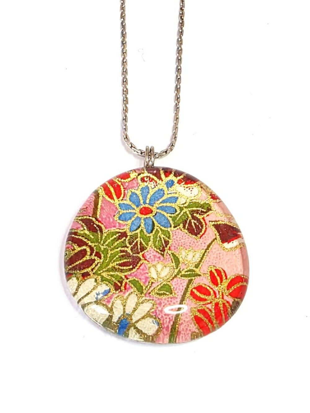 Pink floral fused glass pendant necklace